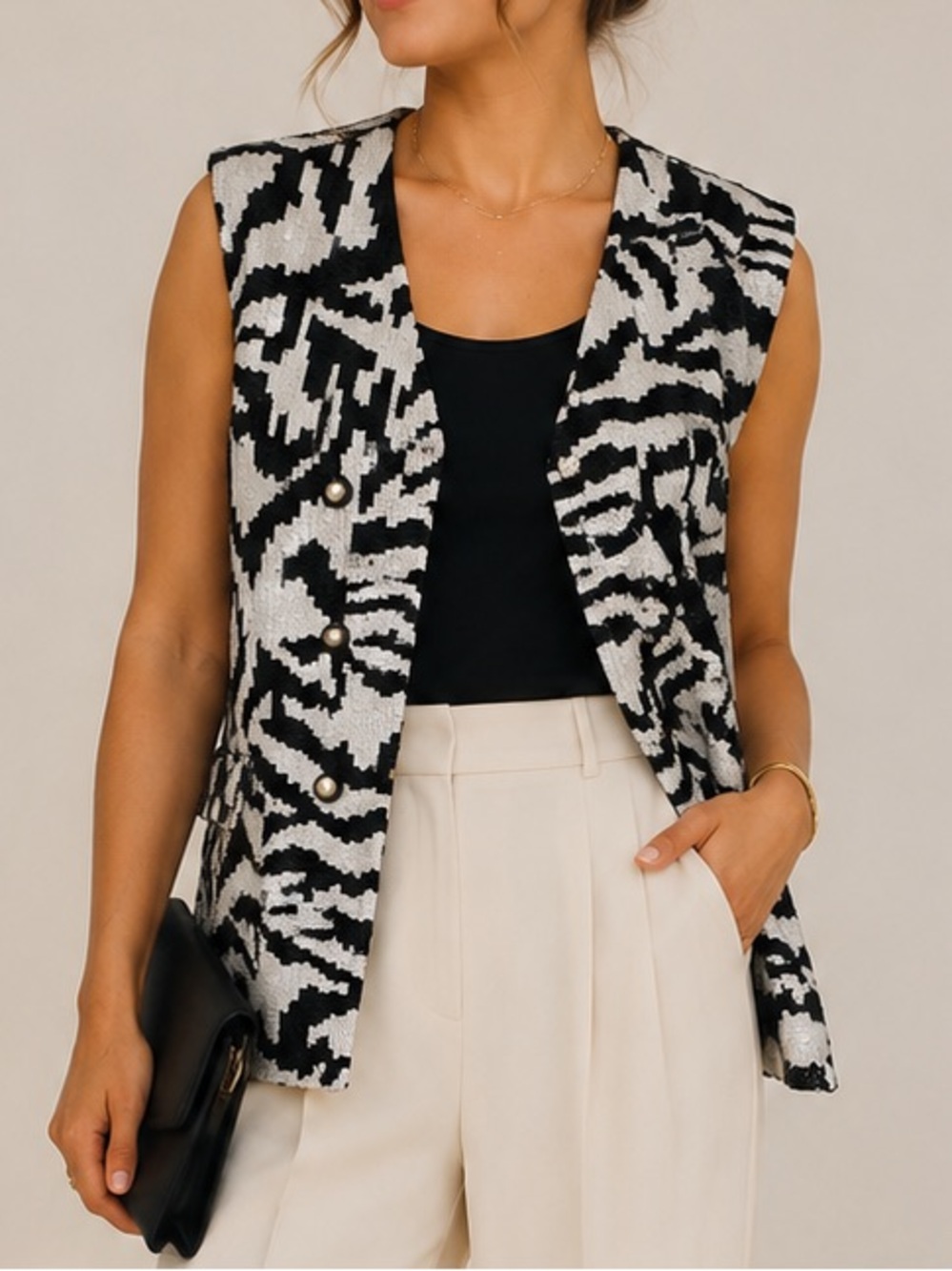 Vintage Silk Sequins Black White Zebra Sequin Blazer Jacket coat Size Small